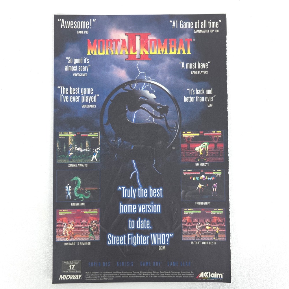 Mortal Kombat II Vintage Print Ad Acclaim Midway Super NES Genesis Game Gear